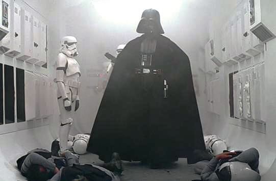 darth vader walking with stormtroopers