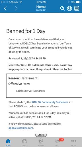 Banned From Roblox For 1 Day Roblox Amino