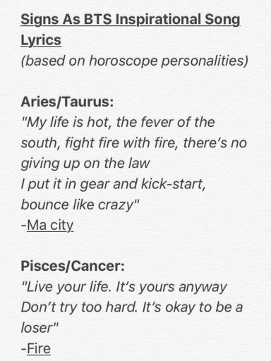 Zodiac Signs As Bts Inspirational Song Lyrics Army S Amino