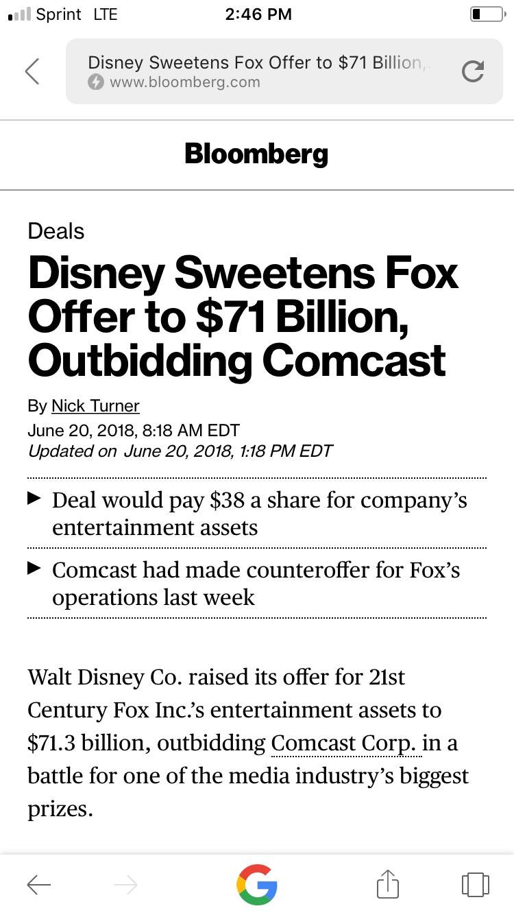 Disney Surprises Us All As They Raise The Price Of The Offer In The Fox Bidding War With Comcast 