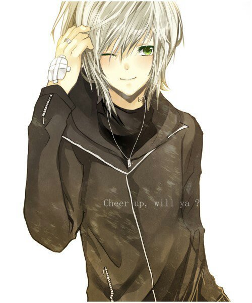 Anime boy with white hair and green eyes