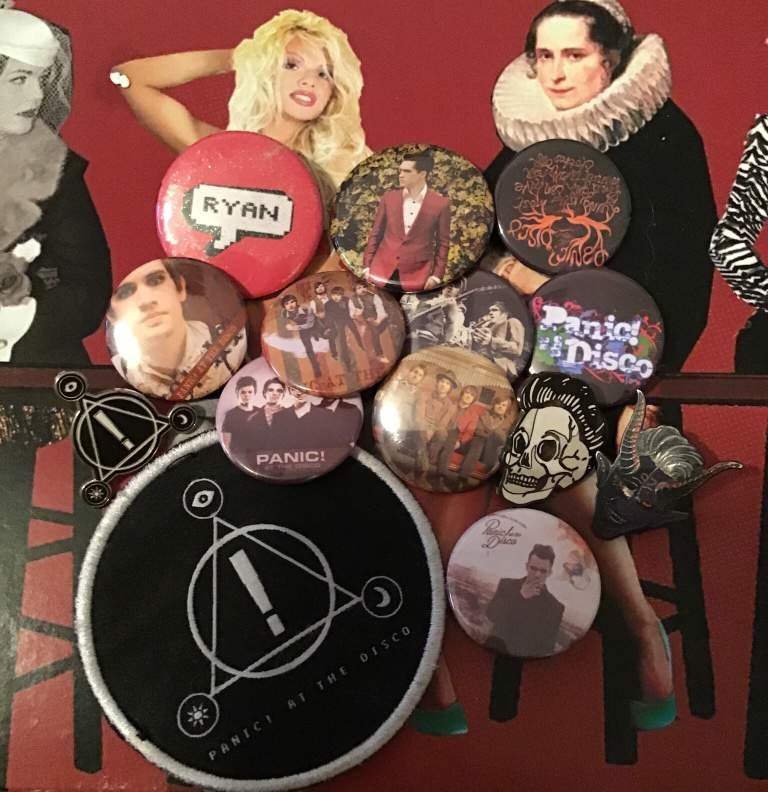All my panic buttons, pins, and my patch Panic! At The Disco Amino