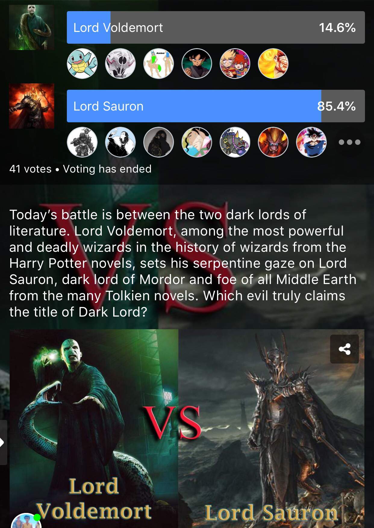 Fight Results Voldemort Vs Sauron Battle Arena Amino Amino