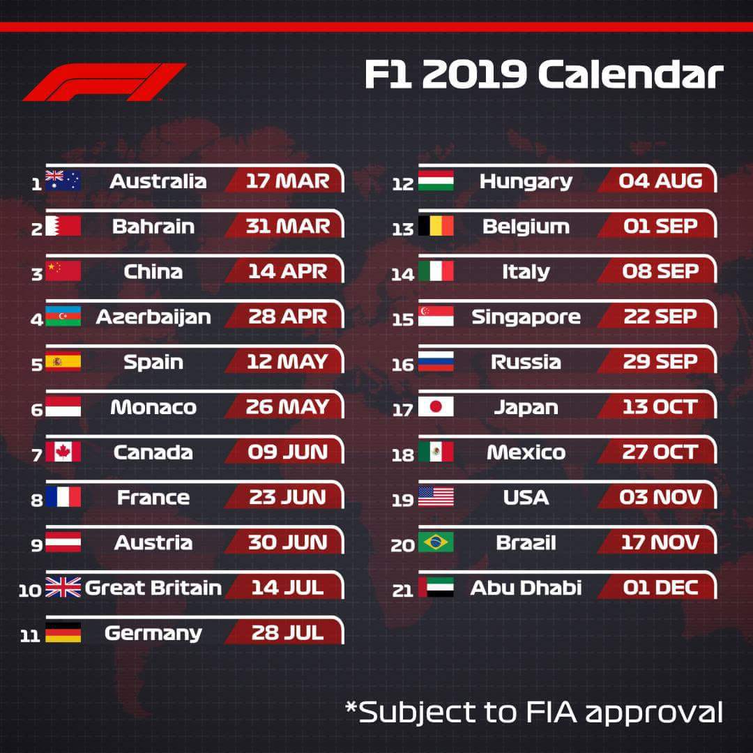 2019 F1 Calendar Formula 1 Amino