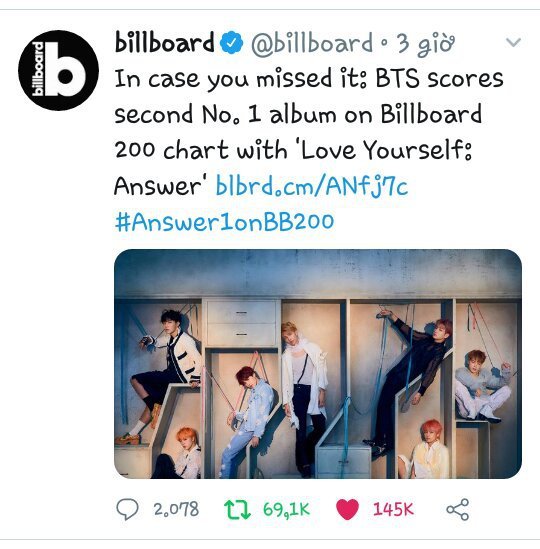 Bts Scores Second No 1 Album On Billboard 200 Chart With Love Yourself Answer Army S Amino