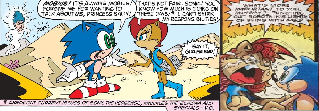 On the left is a panel of Sonic complaining to Sally about their relationsh...