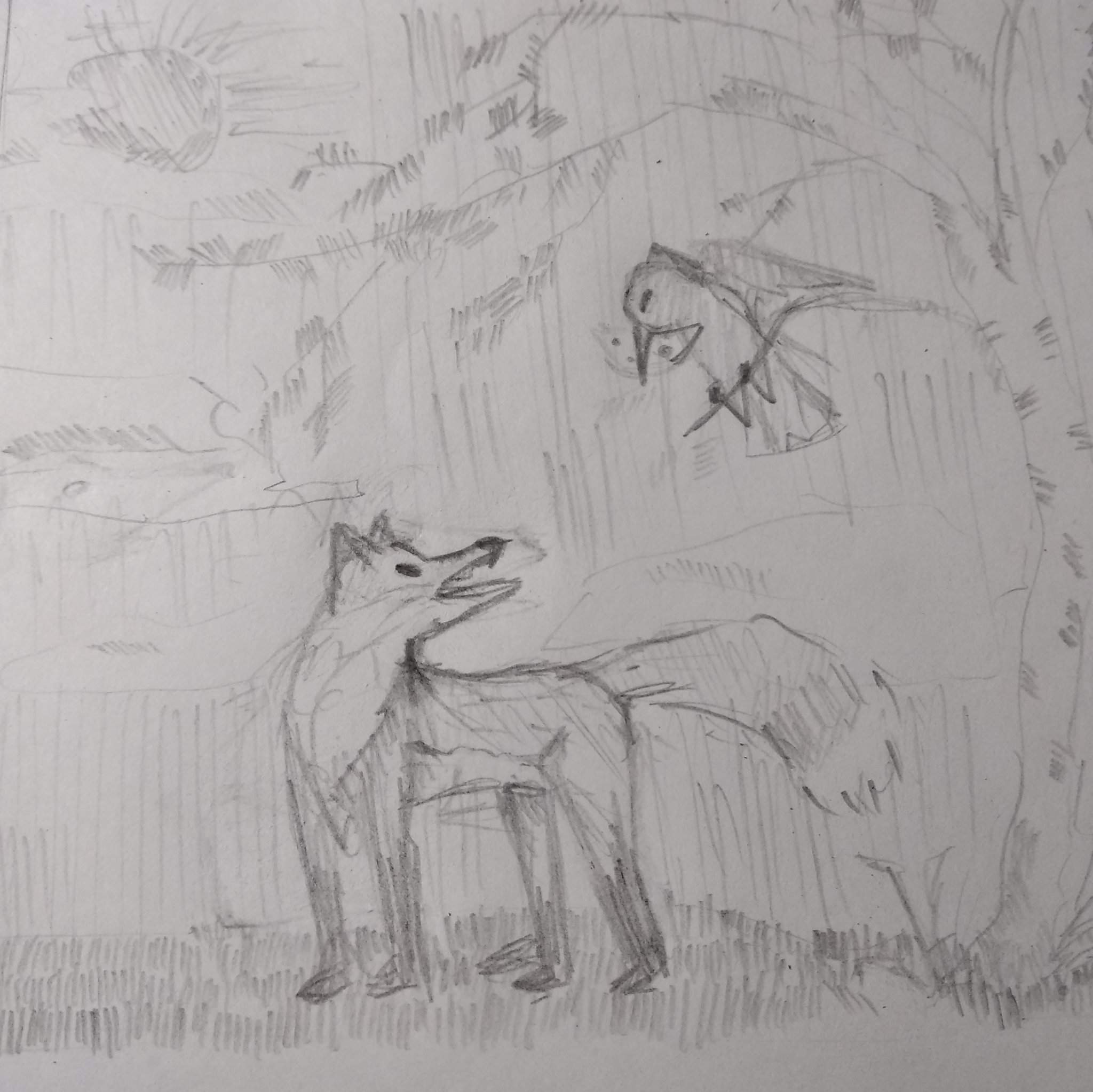 Ворона и лисица набросок карандашом
