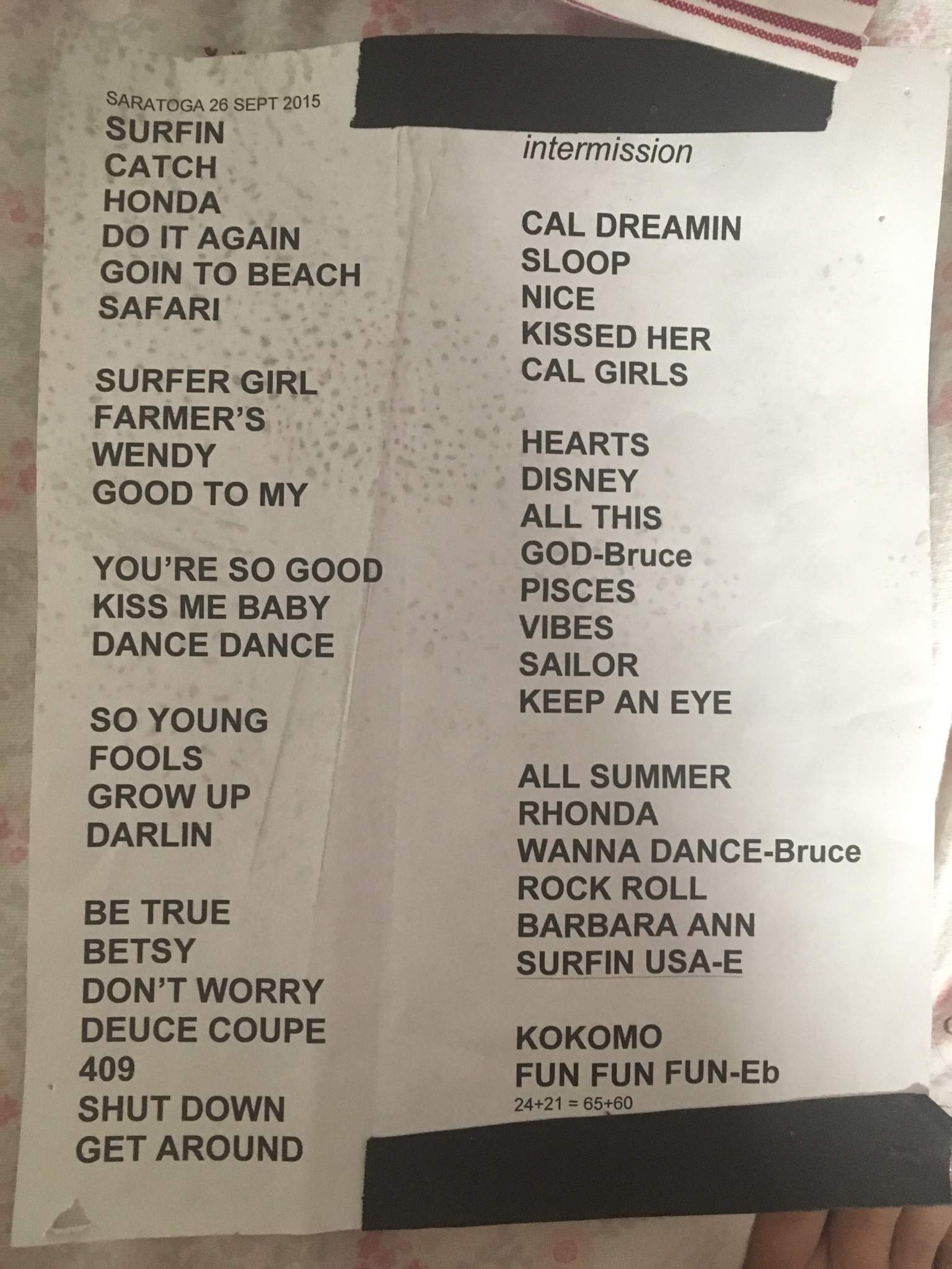 All the setlists I've gotten since I became a fan The Beach Boys