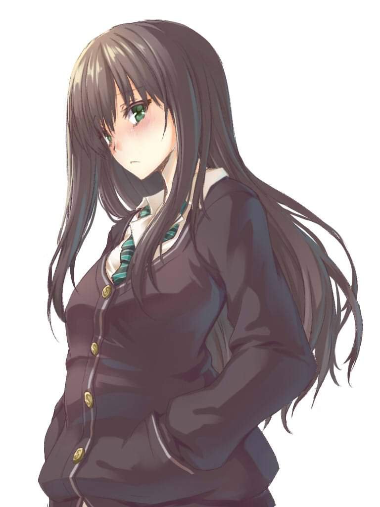 Anime girl with long brown hair and green eyes