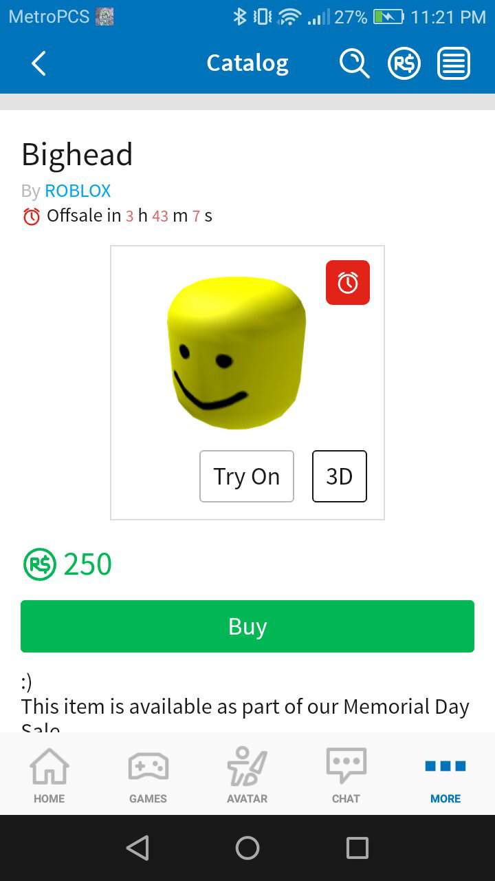 Im Going To Have To Watch The Big Head Go Offsale Im Sad Roblox