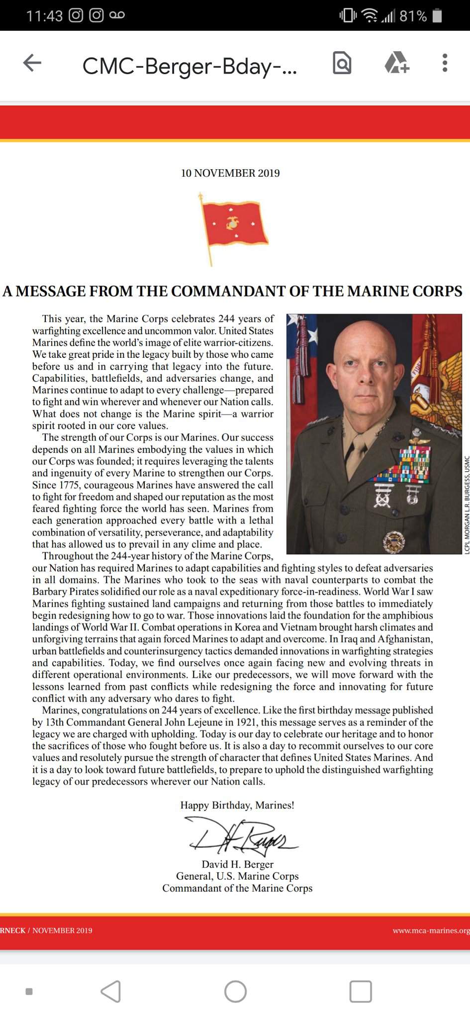 USMC Commandant's Birthday Message Military Amino Amino