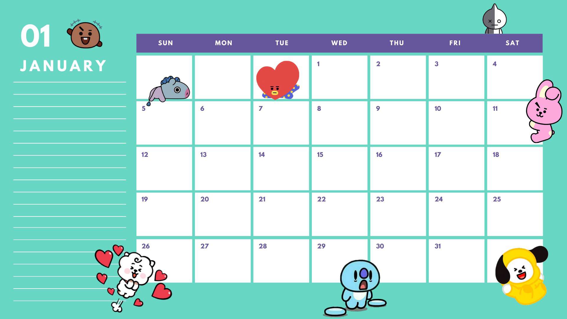 Printable January 2020 Calendar BTS Amino
