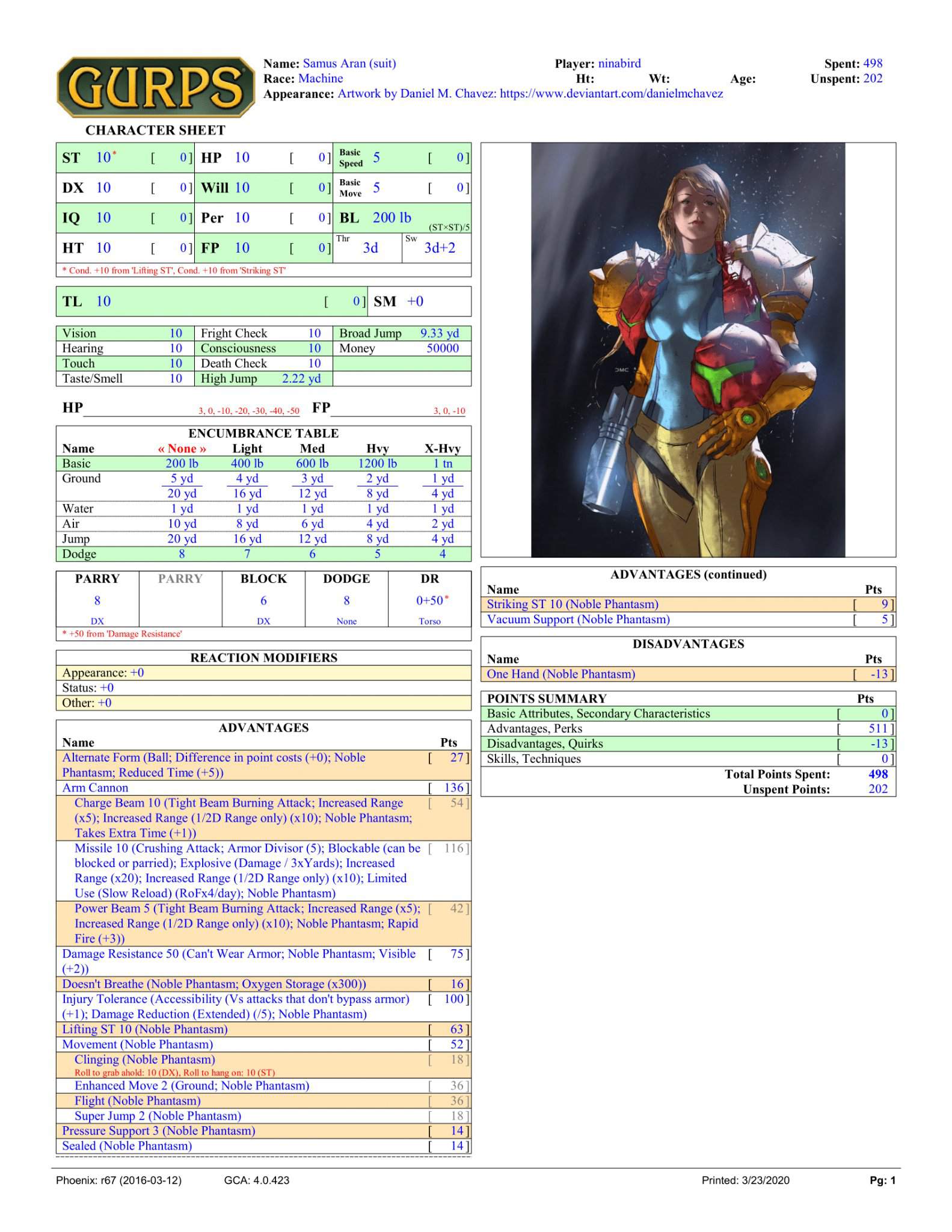 Samus Aran (suit): GURPS 4E Character Sheet | Tabletop Amino