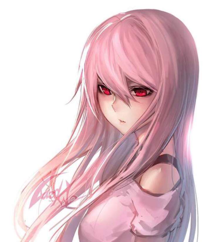Anime girl with pink hair and red eyes