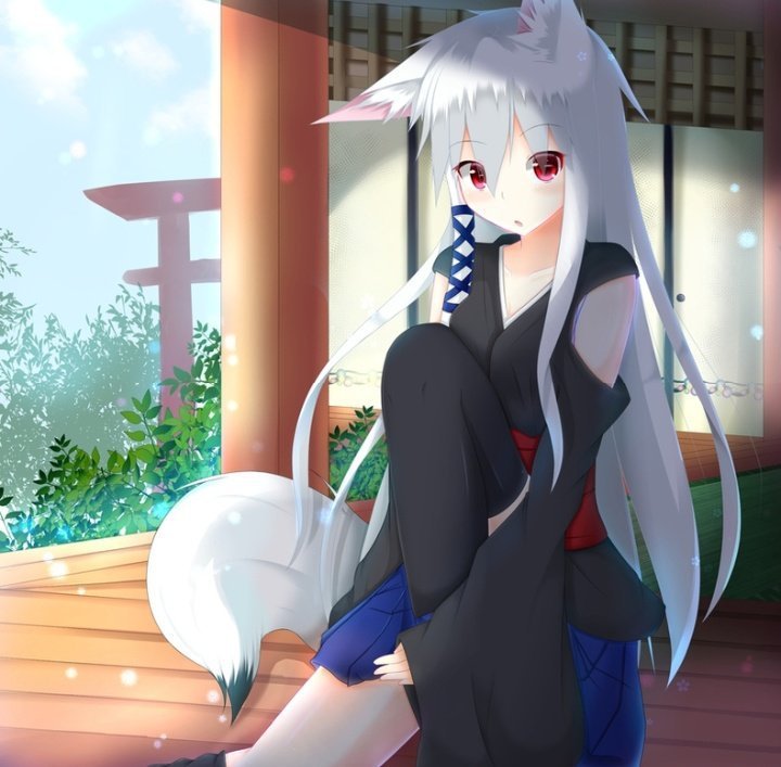 Anime kitsune girl with white hair