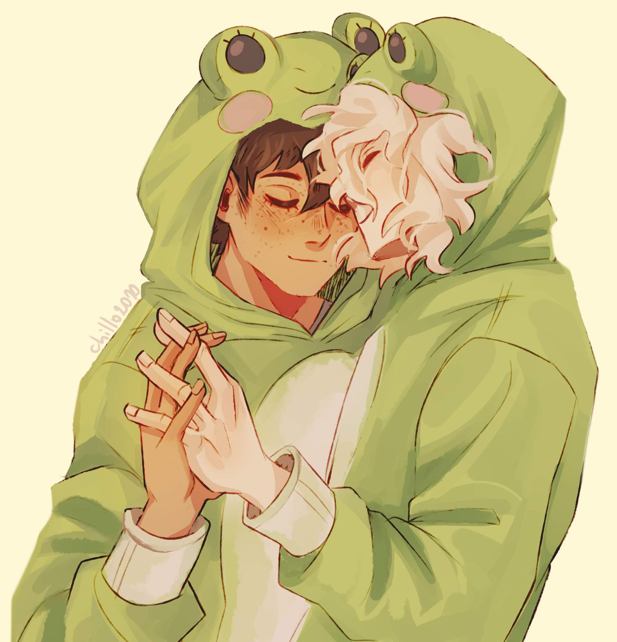 My friend gave me idea of drawing komahina but in froggy pyjamas and.. 