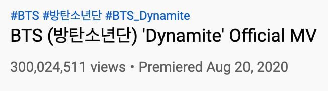 Bts Sets Another Record As “dynamite” Mv Hits 300 Million Views Armys Amino 2276