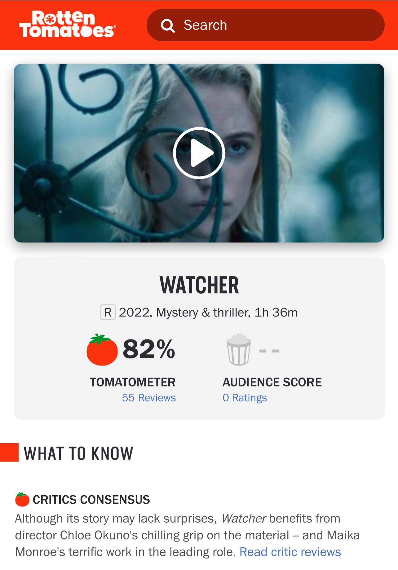 ‘WATCHER’ is Rating 82 on ‘Rotten Tomatoes’ Horror Amino