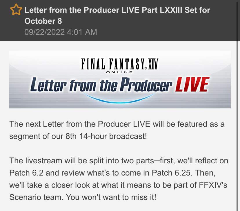 [Dev News] 14 Hour Broadcast And Live Letter FFXIV 💫Our Star of