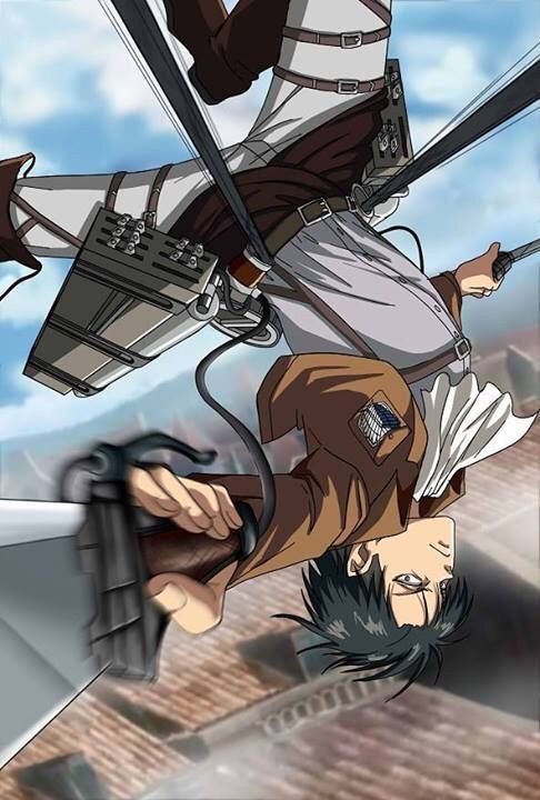levi and mikasa look over the shoulder