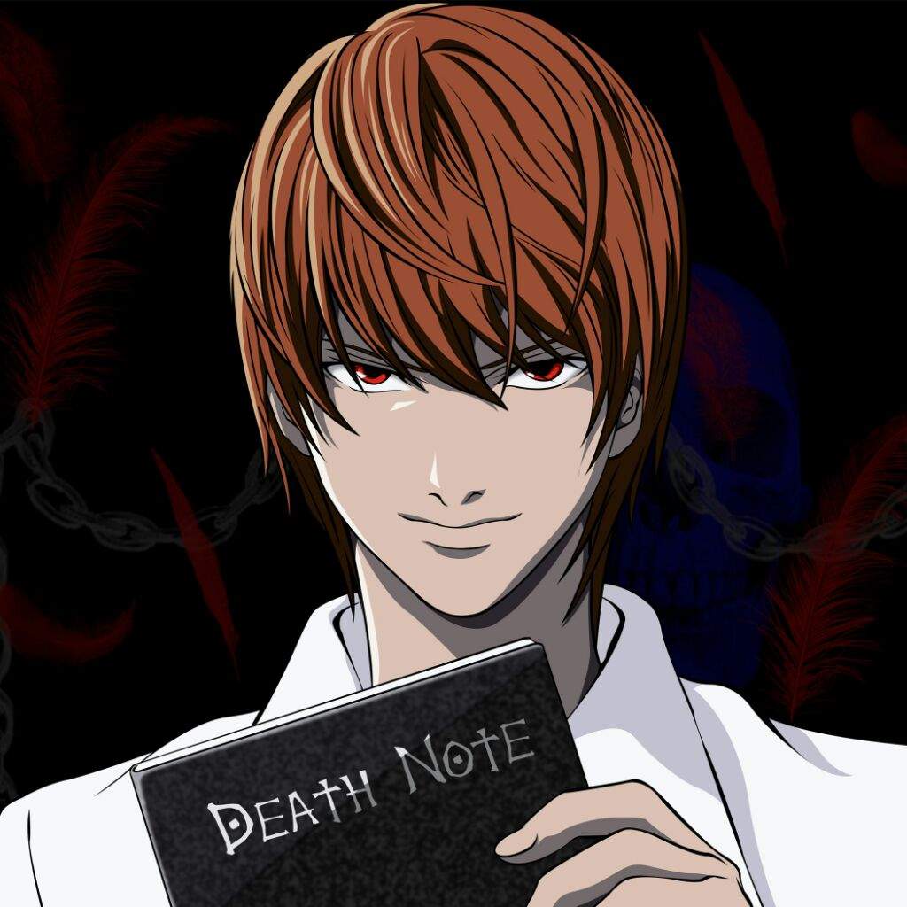 Light is smirking while holding his Death Note.