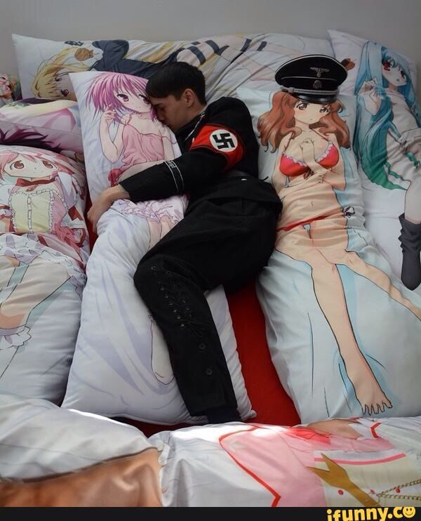A weeaboo kissing a body pillow. 