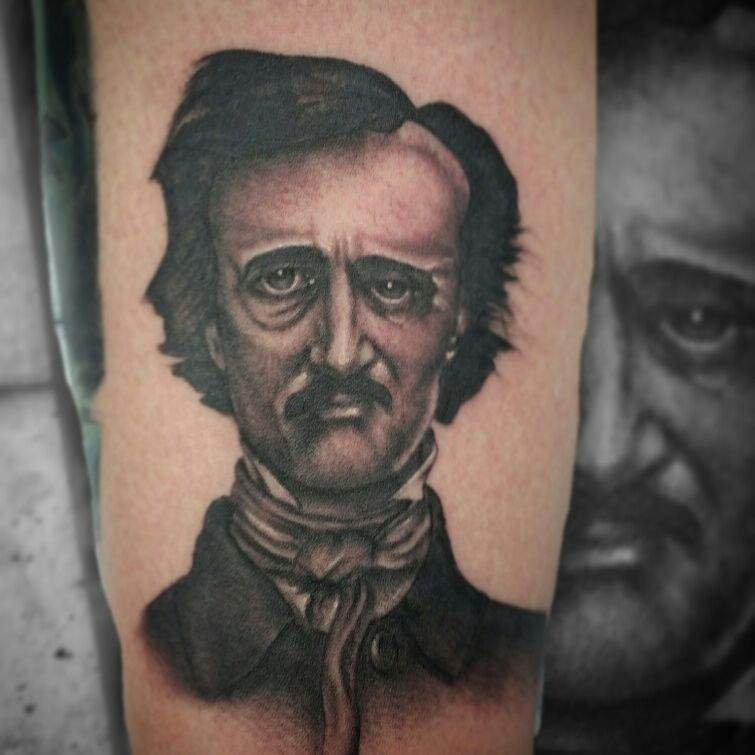 tattoo 2014 Kore Flatmo PluraBella Edgar Allen Poe portrait raven  skull black and gray arm sleeve tattoo  Book inspired tattoos  Tattoos Horror tattoo