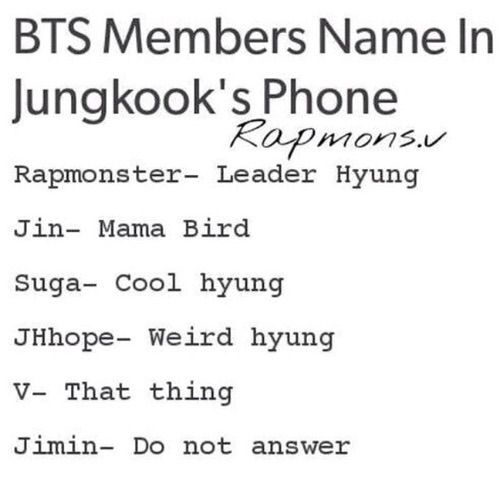 BTS members names in jungkook's phone 😂😂 | ARMY's Amino