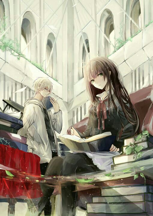 anime couple reading a book