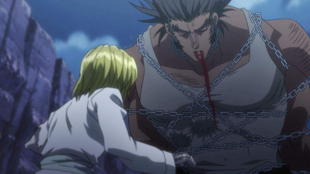 Unable to move and escape, Uvo is forced to take all of Kurapika's wra...