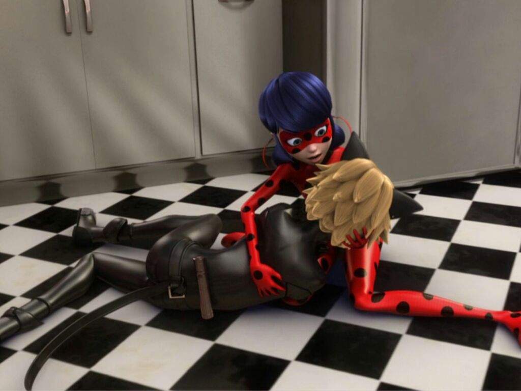 Ladybug holding Cat Noir after he was locked in the freezer in the episode Lady...