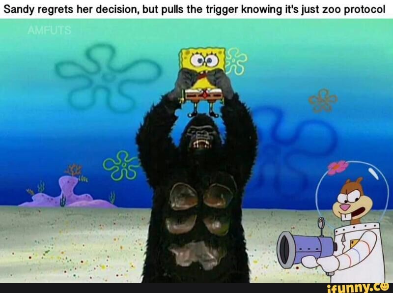 Squidward throws spongebob into the gorilla exhibit.
