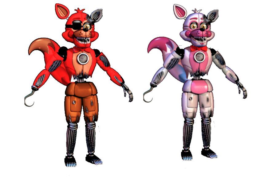 Withered funtime Foxy and withered funtime classic foxy.