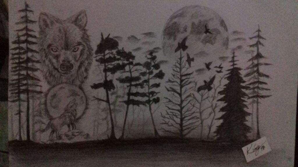 Dibujo De Una Bosque Con Luna Llena Y Lobos Arte Amino Amino