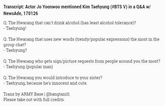 Actor Jo Yoonwoo Mentioned Kim Taehyung Bts V In A Q A W Newsade Army S Amino