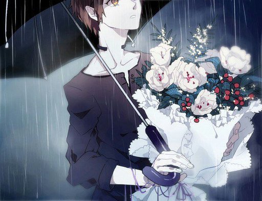 Anime boy giving flowers to girl
