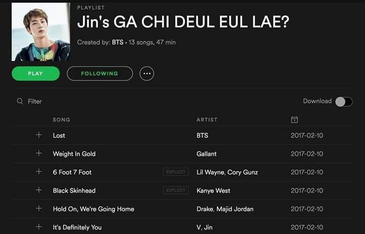 Jin Playlist On Spotify Army S Amino