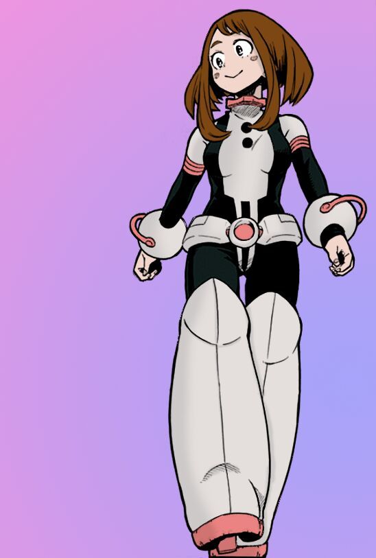 Her hero uniform is a skin-tight suit that is black, white, and pink in col...