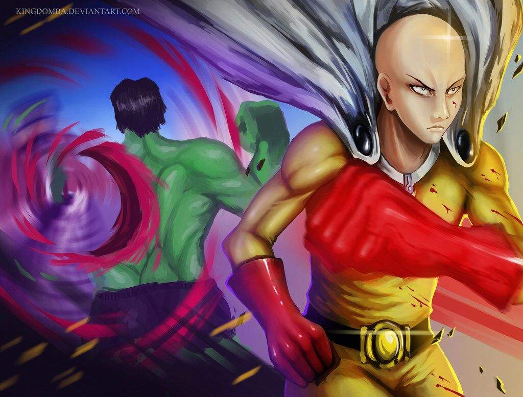 Saitama dodged and punched the hulk in the gut. 