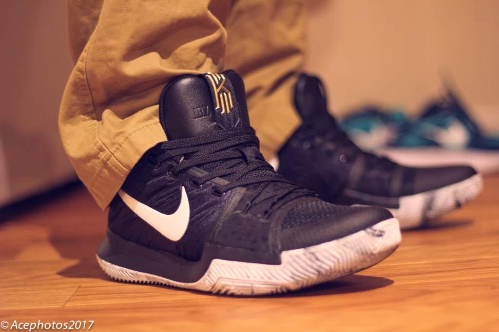 kyrie 3 black and white on feet