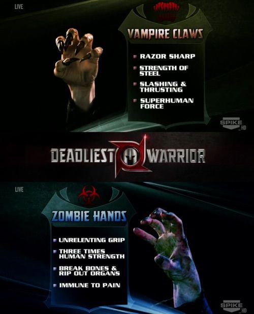 Deadliest Warrior: Vampires Vs. Zombies.