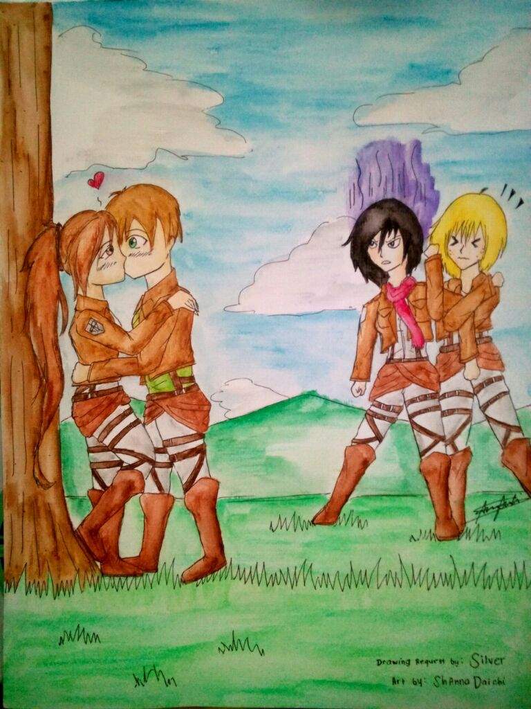 Uh Oh Silver Oc And Eren With Mikasa And Armin Attack On Titan Amino