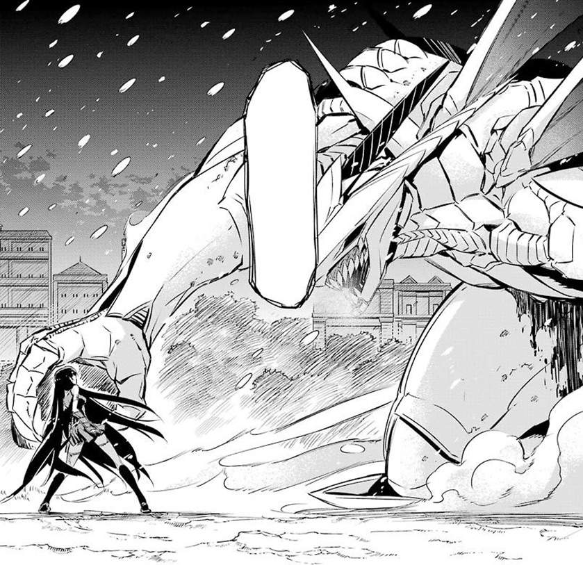 Tatsumi changes into a massive dragon, becoming the size of a building. 