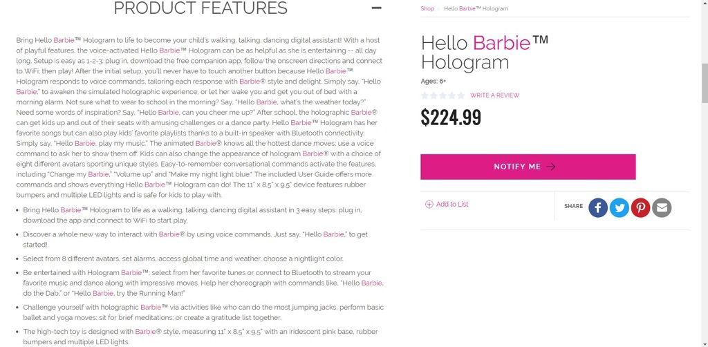 hello barbie hologram buy