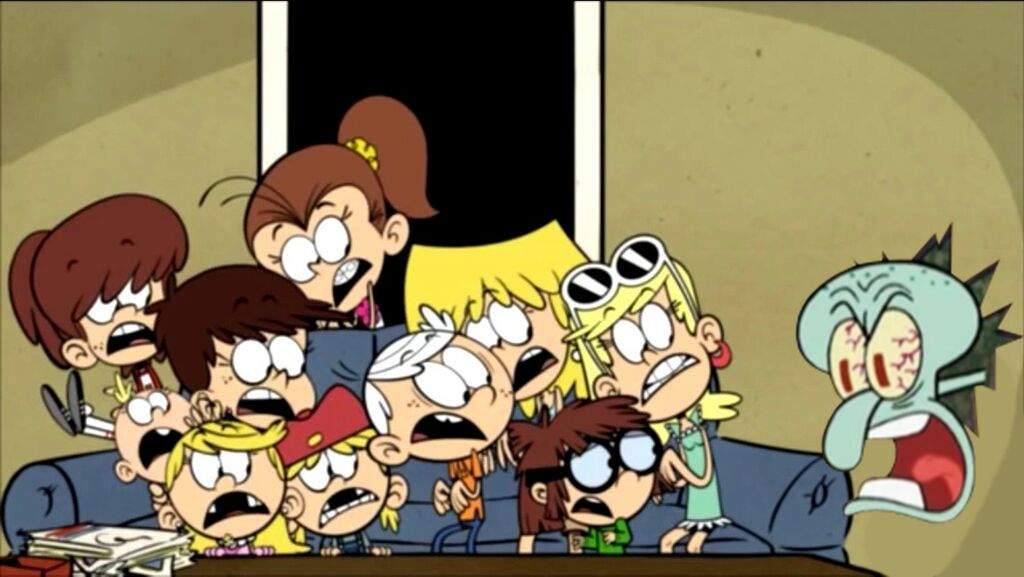 Loud House Leni Laughing Loud siblings scared of Squidward and pictures of Lori 