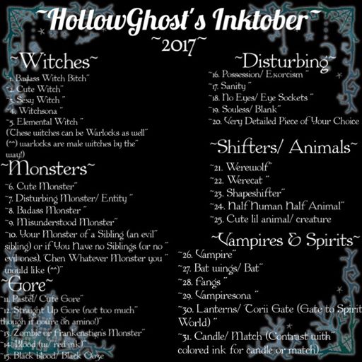 HollowGhost's Inktober Prompt List! | Art Amino