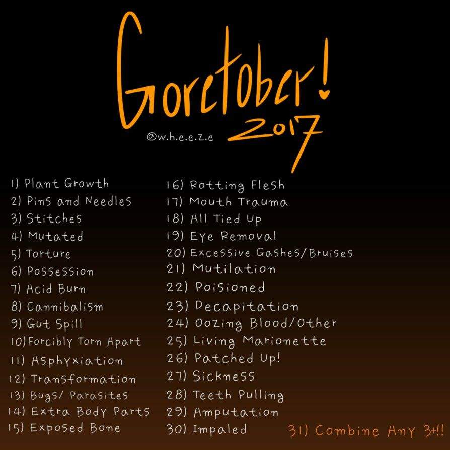 New goretober list by w.h.e.e.z.e | Arts And OCs Amino