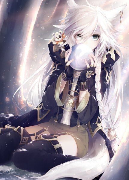 anime wolf demon girl with white hair