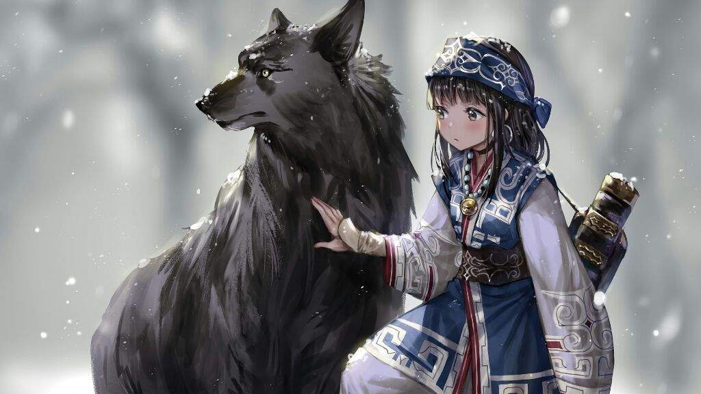Anime girl hugging wolf
