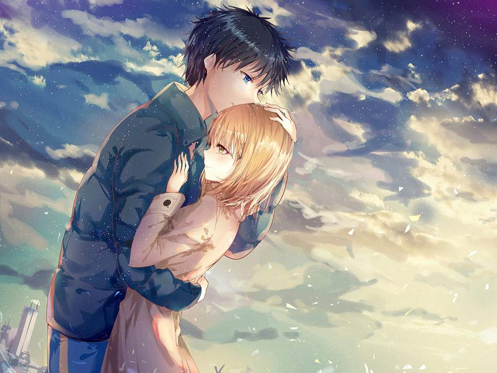 Anime girl hugging boy